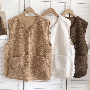 Coletes femininos oumea feminino outono inverno butões de couro de pele de pele frontal shearling quente casaco macio de estilo coreano