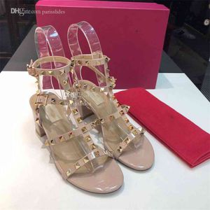 Designer Sandaler Fashion Heel Slides Woman Rivet Ankel Strap High Heels Shoes Luxury Leather SDGFS