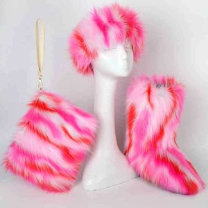 Boots Designer Fluffy Fur Snow Boots with Furry Headband Purse Fashion Winter Women Plush Cotton Shoes Luxury Ankle Boots Shoe Bag Set 220903