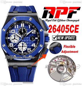 APF 2640 A3126 Automatisk kronograf Mens Watch 44mm Ceramic Case D-Blue Textured Dial Number Markers Rubber Super Edition Puretime Rand Exclusive Technology F6