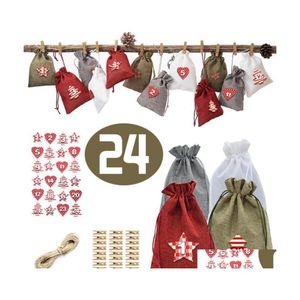 Weihnachtsdekorationen Weihnachtsdekorationen Adventskalender -Taschen Set 24 Tage Sackleinen Geschenk Dstring mit Clips DIY -Verzierungen Drop Dhhi5