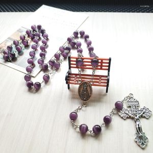 Pendant Necklaces CottvoReligious Prayer Chaplet Purple Opal Natural Stone Beads Chain Crucifix Cross Rosary Necklace Church Jewelry
