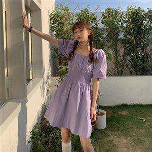 Casual Dresses Small Purple Square Collar Puff Sleeve Waist-Tight Slim Fit Sweet Dress French First Love Fairy Lady Super Mori Style