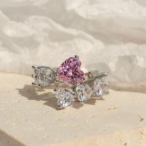 Wedding Rings Romantic Heart Cut Pink Crystal Zircon Adjustable Ladies Luxury Set Engagement Jewelry