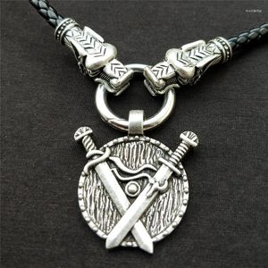 Pendant Necklaces Vintage Viking Double Sword Necklace Choker For Men With Dragon Head PU Leather Chain Amulet Taliman Jewelry Gift