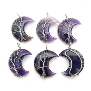 Pendant Necklaces Natural Amethyst Silver Color Wire Wrap Handmade Tree Of Life Moon Shape Stone Pendants For Jewelry Wholesale 6pcs