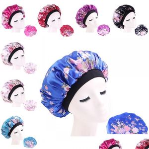 Shower Caps Flower Elasticity Fitted Hats Head Wrap Hair Bonnets Circar Satin Silk Bath Sleep Hat Broad Brim Shower Room Accessories Dh8D4