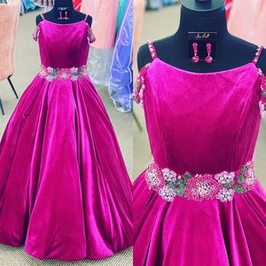 Burgundy Velvet Pageant Dresses for Infant Toddlers Teens 2023 Off-Shoulder ritzee roise Ball Gown Long Little Girl Formal Party Gowns Zipper Back Beading Crystals