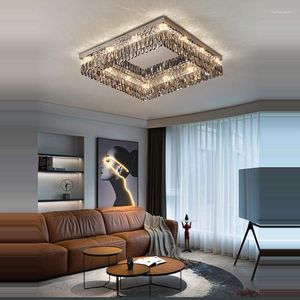 Lampy sufitowe możliwość przyciemniania LED kwadratowy srebrnoszary kryształowy żyrandol Lustre Lamparas De Techo Lights. Lampa sufitowa do salonu