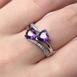 Purple Red Double Heart Zircon Ring Cluster Double Layer Diamond Engagement Wedding Rings for Woman Girls Vanlentines gåva