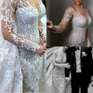 Lace Appliques Mermaid Women Wedding Dress Jewel Sheer Long Sleeves Bridal Gowns Custom Made Detachable Train Arabic Vestidos De Noiva