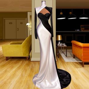 Black and White Mermaid prom Dresses with Long Sleeve Matte Stain Pleated High Neck Arabic Aso Ebi evening Occasion Gown