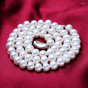 Hänghalsband naturliga sötvatten pärla hoe rund halsband 7-10 mm felfria pärlor 925 silver spänne vackra kvinnsmycken fest