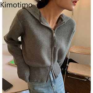 女性のセーターKimotimo Hooded Double Zipper Seater Women 2021 Autumn Solid Lengs Sleeves短いセータージャケット韓国気質ファッション衣料J220915