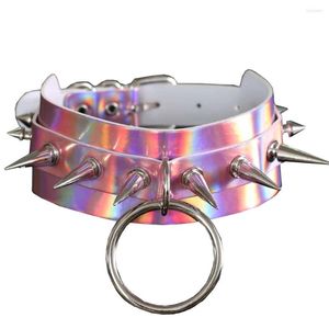 Choker punk stil dubbel lager f￤rg reflekterande pu l￤der krage kedja stor ring spetsig rivet krageben