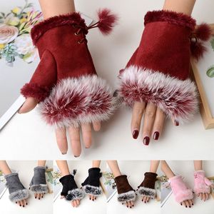 Зимняя осень теплые перчатки Женщины сгущаются без пальцев на открытом воздухе из искусственного меха кроличь