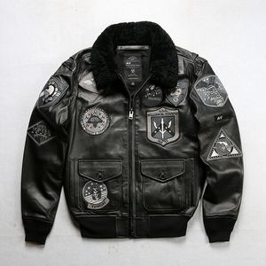 G-1 läderbomberjacka Multipel broderi Top Gun Patches Fårskinn Läder Svart Avirex Flight Suit Lamb Shearling Collar