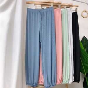 Women's Sleepwear Sanderala Women Ice Silk Sleep Pants Elastic Waist Fitness Homewear Knitted Bottoms Solid Drawstring Loose Casual