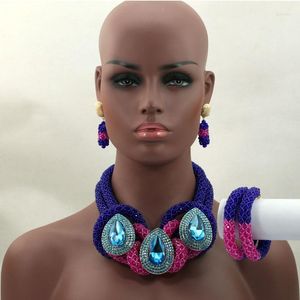 Kolczyki naszyjne Zestaw 2022 Luksusowy królewski niebieski/różowy afrykańska biżuteria z koralikami Nigerian Wedding Crystal Beads Bridal HX566