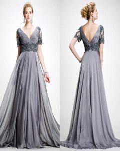 Elie Saab Vintage Mother of Bridal Dresses 2019 A Line V Neck Appliciques Chiffon Plus Size aftonklänning Backless Grey Mother0394614156