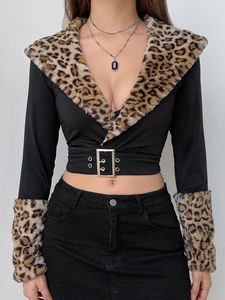 Giacche da donna WeiYao Collo e polsini in pelliccia di leopardo Slim Crop Y2K Con cinture Estetico Vintage Scollo a V Manica lunga Pullover Top Donna