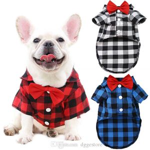 カジュアルドッグソフト格子縞のシャツコットン穏やかなペットウエスタンシャツ犬アパレルペット服と小さな犬のためのウェディングネクタイフレンチブルドッグプードル