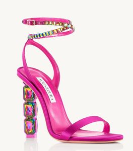 Marcas de luxo Aquazzuras Aura Sandálias Sapatos Feminino Salto com aplicação de cristal Alças no tornozelo Lady Sandalias Festa Casamento Gladiador Sandalias