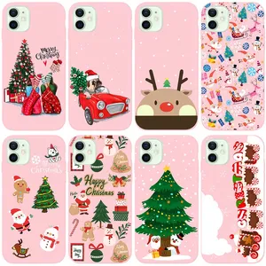 Xmas Soft TPU -fodral för iPhone 15 14 Plus Pro Max 13 12 11 XS Max XR X 8 7 6 14plus god julklapp Santa Claus Hat Tree Snowman Söt härlig rödrosa geltelefonomslag