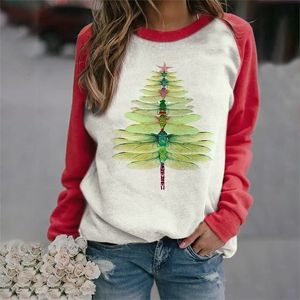 Kvinnors hoodies tröjor Anpassad Dragonfly Christmas Tree Print Round Neck Longsleeve Sweatshirt Personlig kan mönster eller text du vill ha 221124