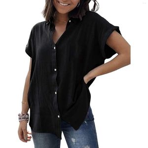 Women's Blouses Black Shirt Women Top Casual White Cotton Linen Shirts Short Sleeve Lapel Summer Blouse Ladies Pocket Beach Tops Clothing