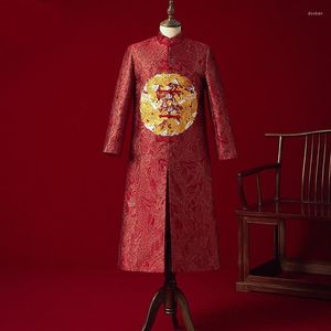 エスニック服ヴィンテージルーズチョンサム伝統的な中国のウェディングガウンレッドサテンQIPAO刺繍ドラゴンコスチュームヴェスティドオリエンタルメンズ