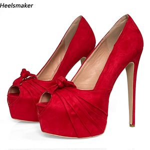 Heelsmaker Yeni Varış Kadın Pompalar Süet Slip Üzerinde Peep Toe Seksi Stiletto Topuklu Kırmızı Parti Ayakkabı Bayanlar Bizi Boyut 5-20