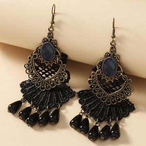 Kolczyki stadniskie celebryty dla kobiet szlachetne metalowe czarne koronki inkrustowane z półprzewodnikowymi kamieniami wodą biżuteria z frędzlami