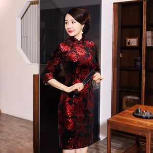 Этническая одежда 6 цветов 5xl плюс размер китайский китайский Qipao Women Velvet Cheongsam черный красный красный рукав в стиле банкет