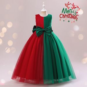 16044 Christmas Dress For Girl Green Red Patchwork Princess Long Party Dress Children Bowknot Tutu Ball Gown Dresses