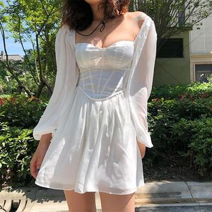 Casual Dresses Female Dress Summer Bustier Corset Solid Color Square Neck Long Balloon Sleeve Mini Sexy Dress