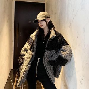 Pur 2022 Casaco de inverno Casaco Artifical Lamb Plush Splicing Mulheres Menino Unissex Longo estilo preguiçoso Moda coreana Casual Soft