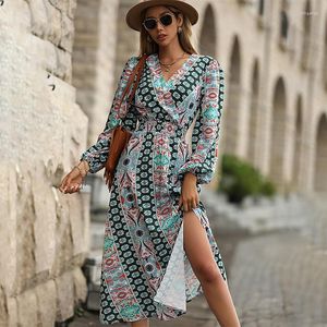 Casual Dresses Women's Sexy V Neck Wrap Maxi Dress Elegant Boho Clothing Floral Print Långärmad Split Beach Flowy Autumn