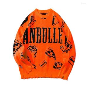 Maglioni da uomo 2022 Maglione con foro strappato di colore arancione invernale Mens Harajuku Hip Hop Punk lavorato a maglia da donna Graffiti Vintage Pull Homme