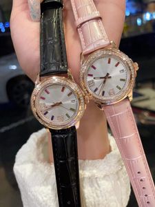 Fashion Women Rose Gold Zircon Number Watches Real Leather Strap Calendar Wristwatch Geometric Crystal Rainbow Diamond Watch Female Clock 35mm