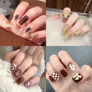 False Nails Wearable Fake Nail Patch Speckle Bowbnot Press On Finger Tips Detachable Full Cover Acrylic