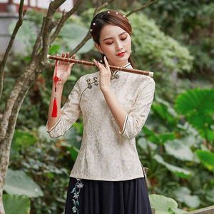 Этническая одежда Cheongsam женская плюс плюс размер короткие вершины 2022 Летние модные кружевные принты подставки для воротника Слим подходит китайские рубашки Qipao Woman
