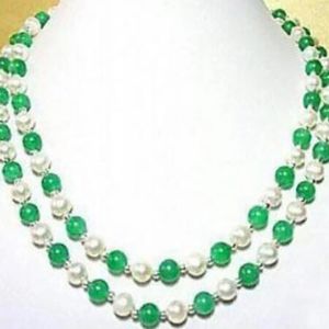 Vacker White Pearl Green Jades Stone Design Halsband 36 tum