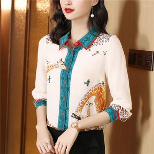 Women's Blouses High-end Especially Beautiful All Season Mulberry Silk Giraffe Print Women Noble Elegant Slim OL Workwear Top Shirt Blouse