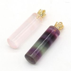 Pendant Necklaces Natural Long Cylindrical Stone Rose Quartz Fluorite Handmade Crafts DIY Necklace Jewelry Accessories Gift Making12x48mm