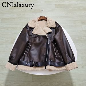 Women's Jackets CNlalaxury Autumn Winter Woman Faux Suede Lambswool Leather Jacket Coat Warm Long Sleeve Belt Loose Zipper Motorcycle Outerwear 221125