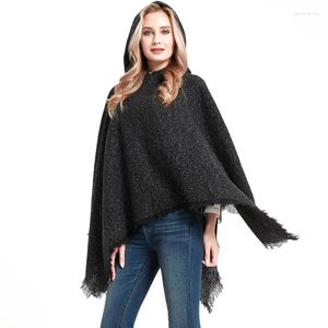Halsdukar 2022 Kvinnor Autumn Winter Cashmere Ponchos and Capes Solid Hooded With Tassel Pashmina Cappa Soft Thick Thick Fashion Female Cloak