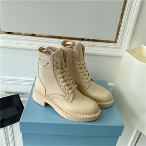 2022 Luxury Booties Brushed Leather and Renylon Boots Women Ankle Boot Martin Boots Ladies Lace-Up Motorcykel Boot Combat Boot Flat Shoes