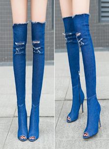 2021 Sexy Women Summer осень осенний пальцы на колене высокие ботинки эластичные джинсовые джинсы насосы обувь Ladies8786126