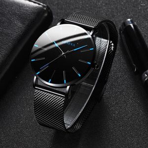 Zegarek luksusowe czarne zegarki mężczyzn kwarcowy minimalistyczny moda Ultra cienkie proste biznesowe stal nierdzewne